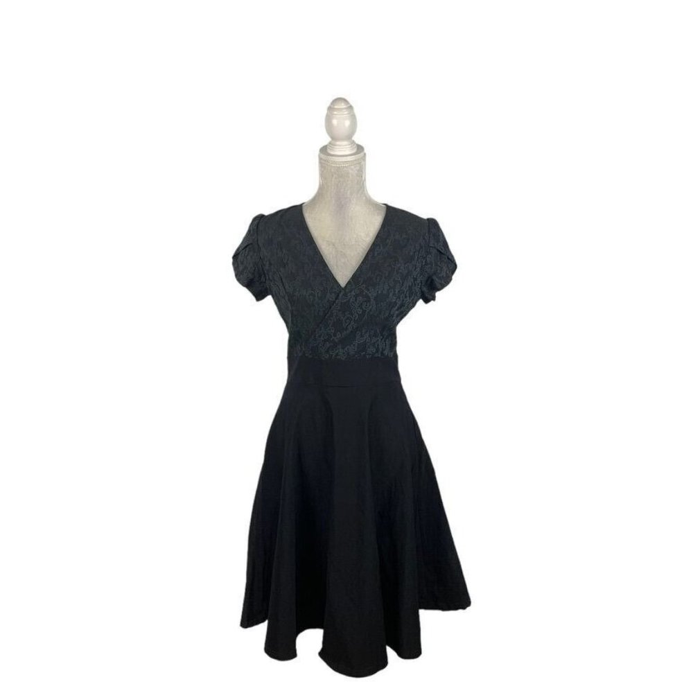 Miusol‎ Faux Wrap Fit & Flare Midi Dress Filagree Top Tulip Sleeves Retro New M
